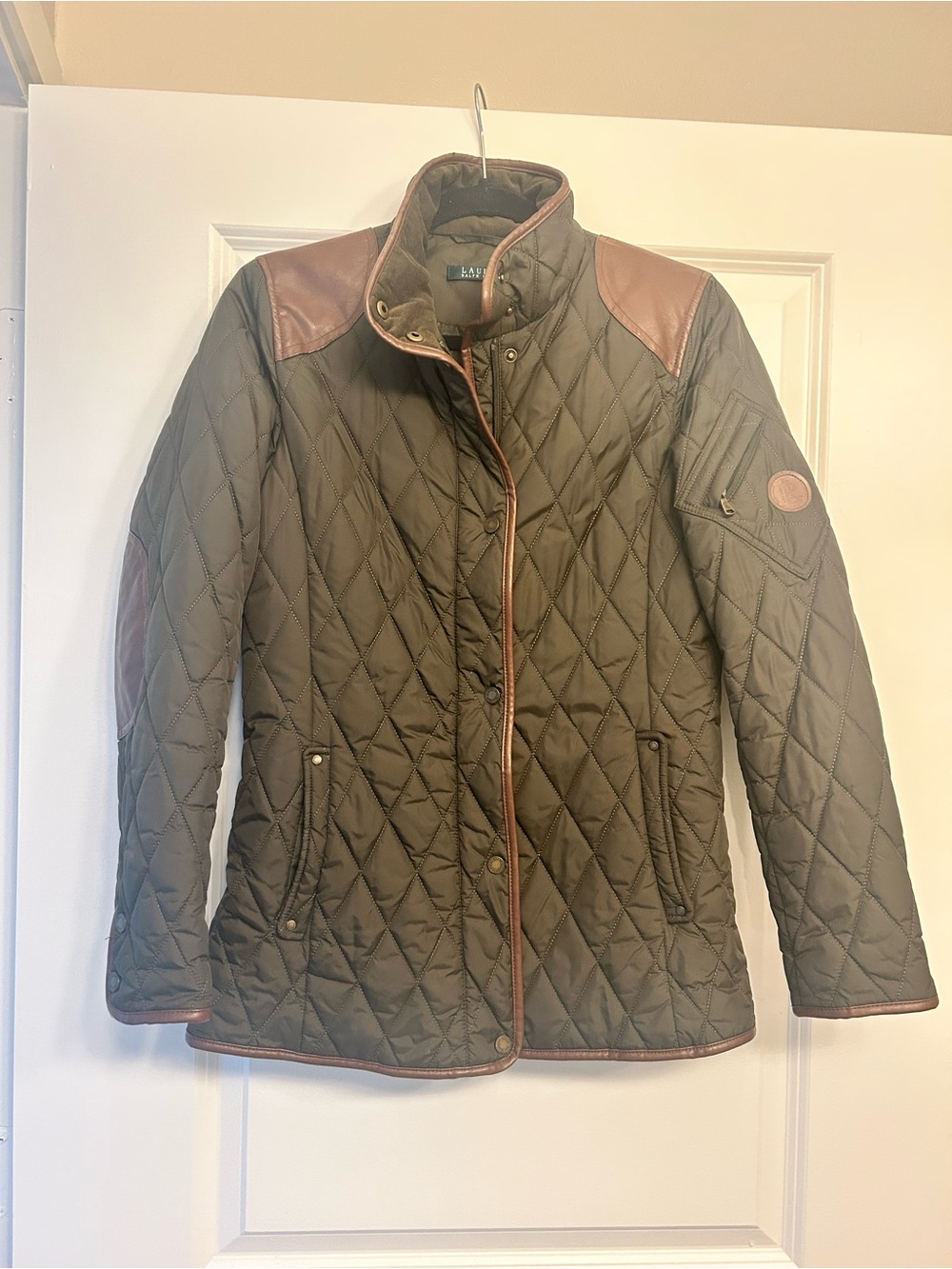 Ralph Lauren Quilted Olive Green Utility Jacket with Brown Trim
